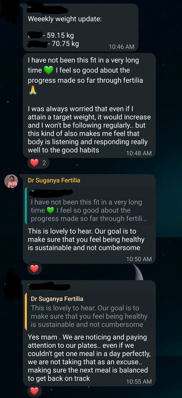 A patient shares her weekly weight update and says she hasn't been this fit in a long time, with Dr. Suganya responding that the goal is for being healthy to feel sustainable and not cumbersome