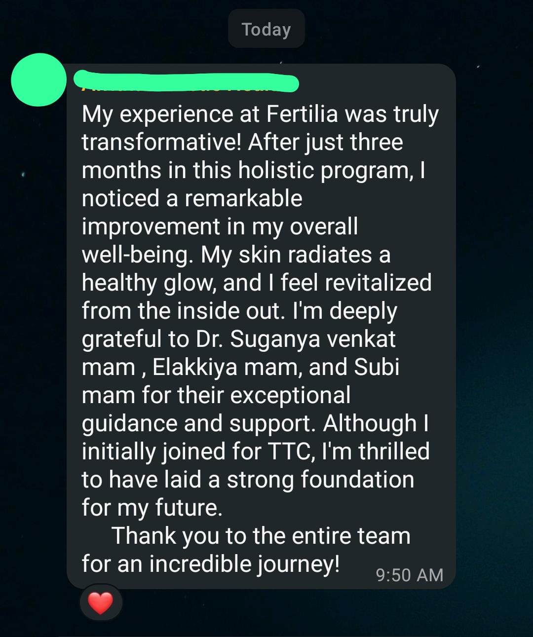 A patient who initially joined for TTC shares that after three months, her skin, energy, and overall wellbeing improved remarkably