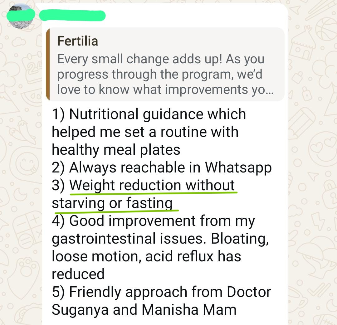A patient lists five things she valued most: nutritional guidance, WhatsApp availability, weight reduction without starving, improvement in GI issues, and the friendly approach from Dr. Suganya and Manisha