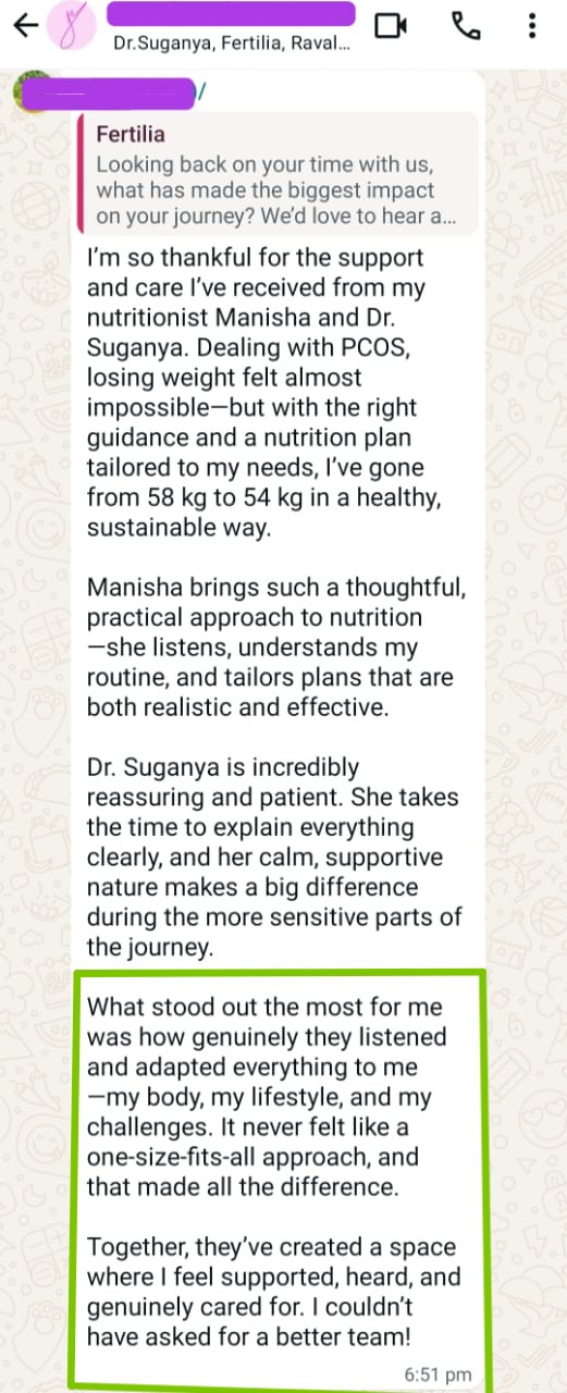 A PCOS patient shares her gratitude for Manisha and Dr. Suganya, describing how tailored guidance helped her lose weight sustainably from 58 to 54 kg