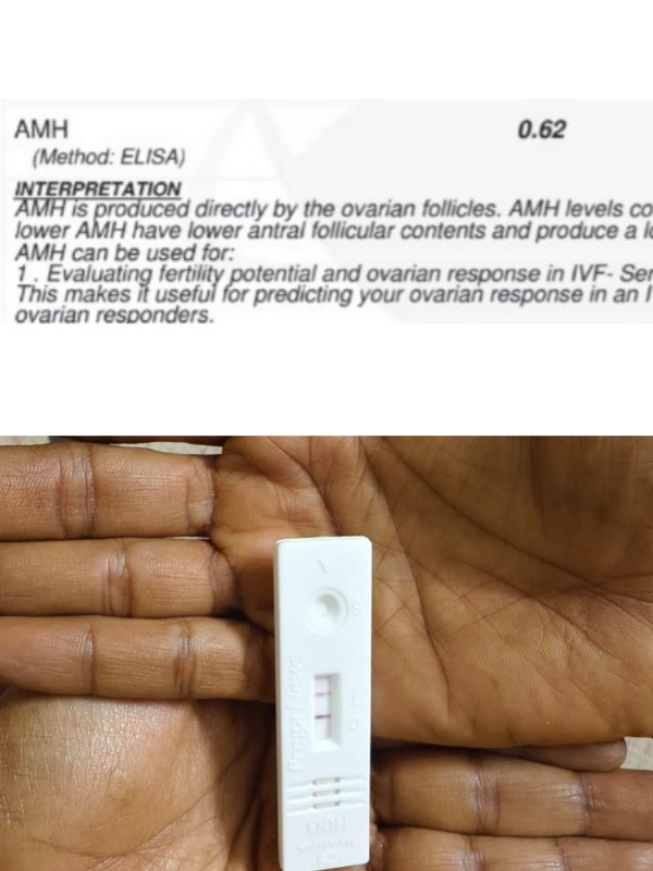 AMH report showing 0.62 ng/mL alongside the positive pregnancy test, conceived naturally despite low ovarian reserve