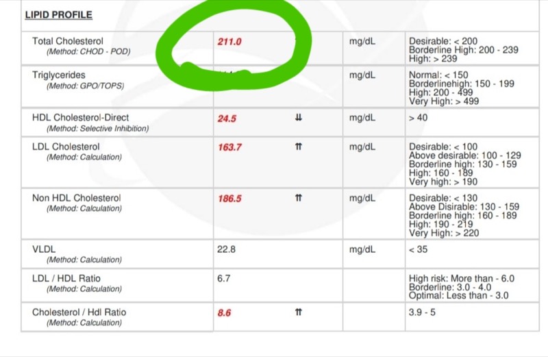 Arjun's cholesterol after one month. Total Cholesterol down to 211 mg/dL from 264