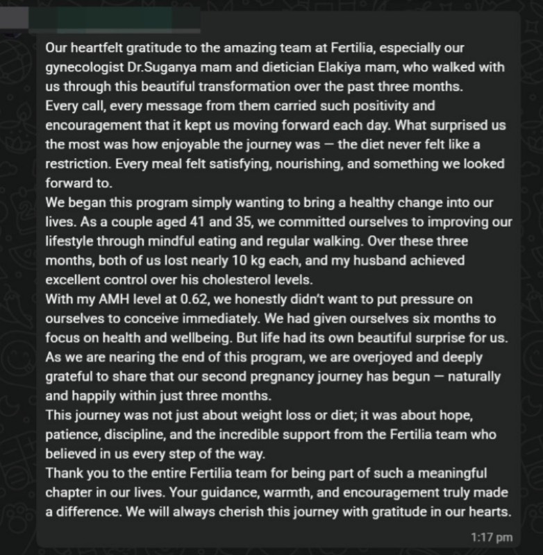 Full testimonial from Deepa and Arjun about their 90-day journey with Fertilia