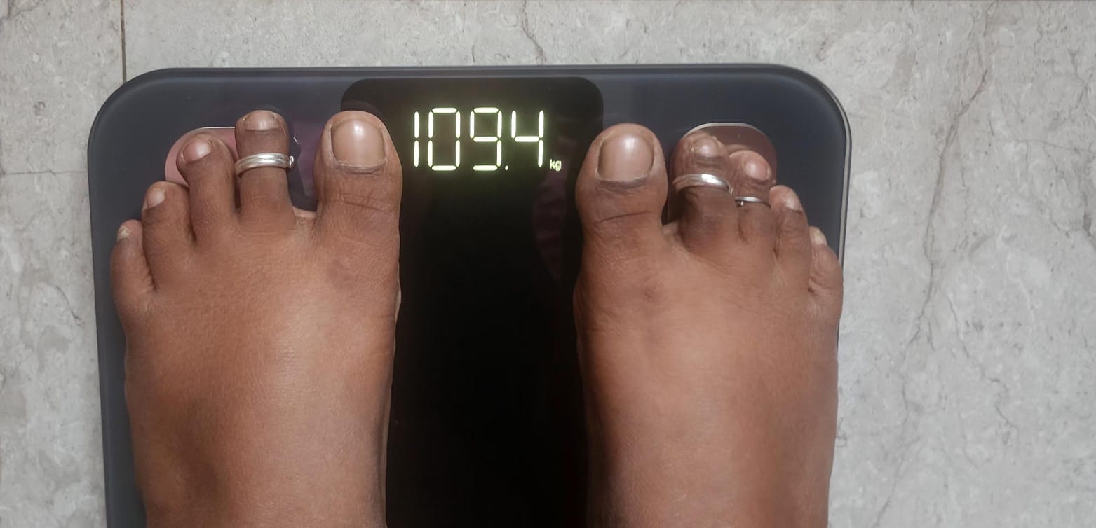 Lalitha's milestone weigh-in at 109.4 kg, the first time her weight started with a 1-0 in years