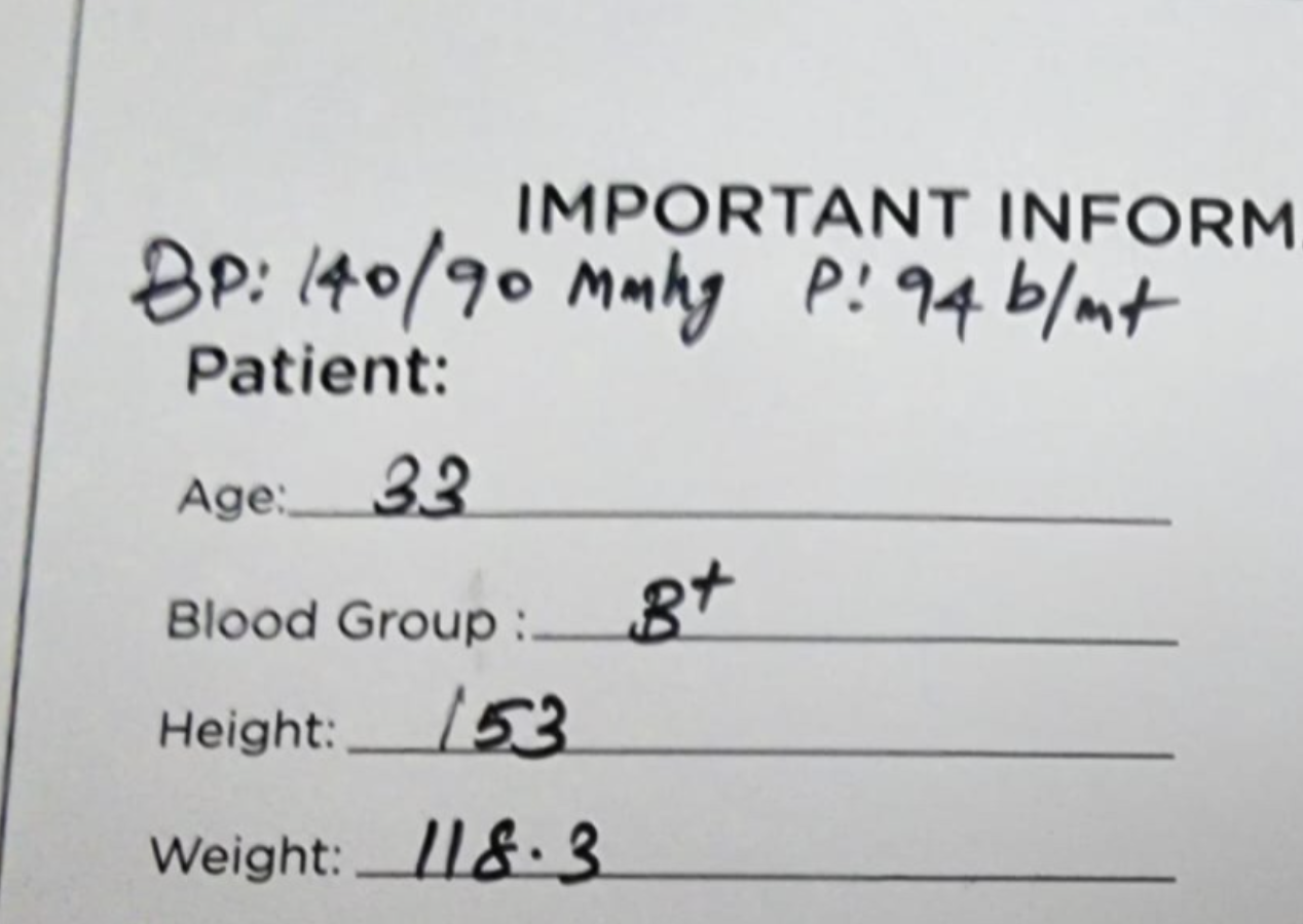 Lalitha's initial clinical record: Age 33, Height 153 cm, Weight 118.3 kg, BP 140/90 mmHg, pulse 94 bpm