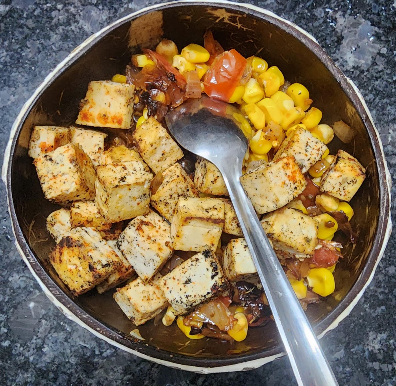 Evening plate: grilled paneer with corn and onion-tomato sabzi, balanced for blood sugar stability