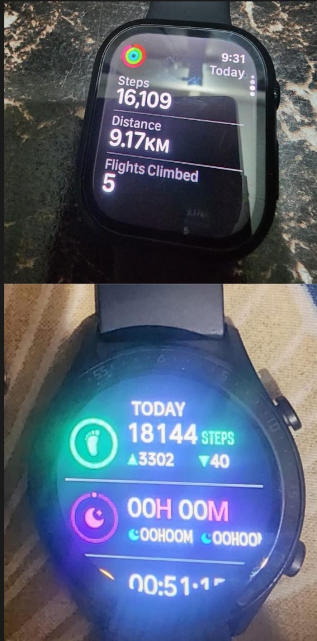 16,109 steps in 9.17 km on one day, 18,144 on another, once walking became the habit