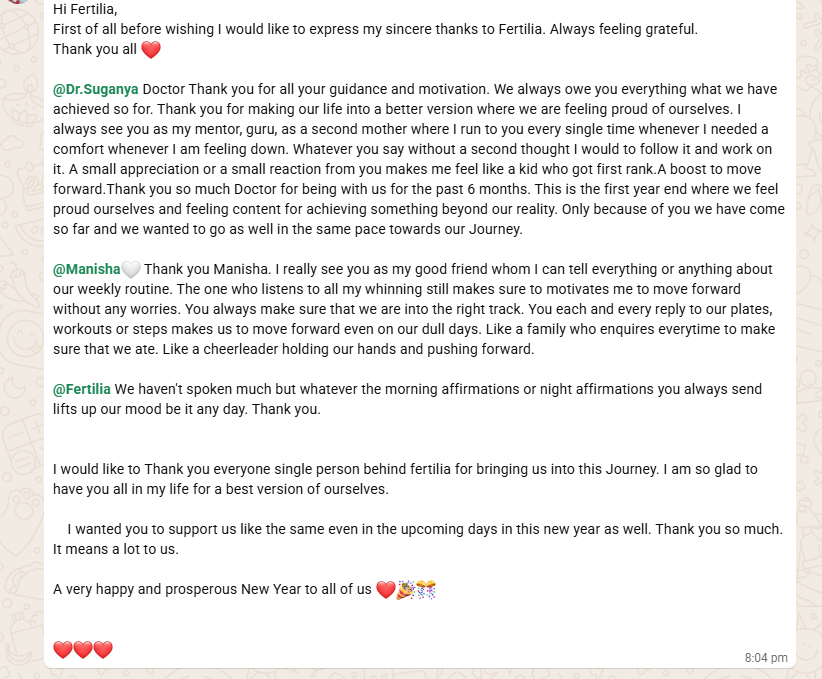 Lalitha and Vivek's end-of-year message to the Fertilia team, thanking Dr. Suganya and Manisha for six months of guidance