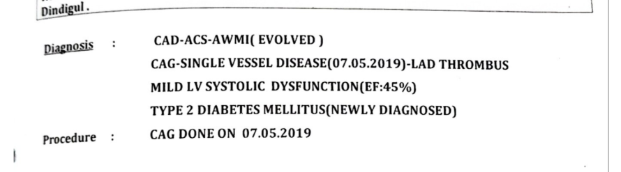 Vivek's 2019 angiography record: CAD-ACS, evolved anterior wall MI, single vessel disease with LAD thrombus, EF 45%, newly diagnosed Type 2 diabetes