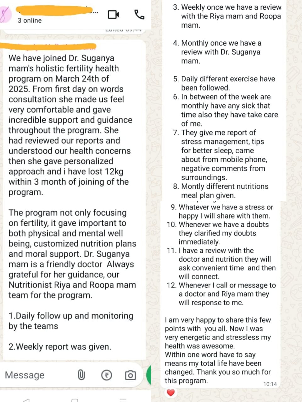 Gowri's detailed reflection on the programme, describing weekly reviews, daily follow-ups, personalised nutrition, exercise, stress support, and sustained health change