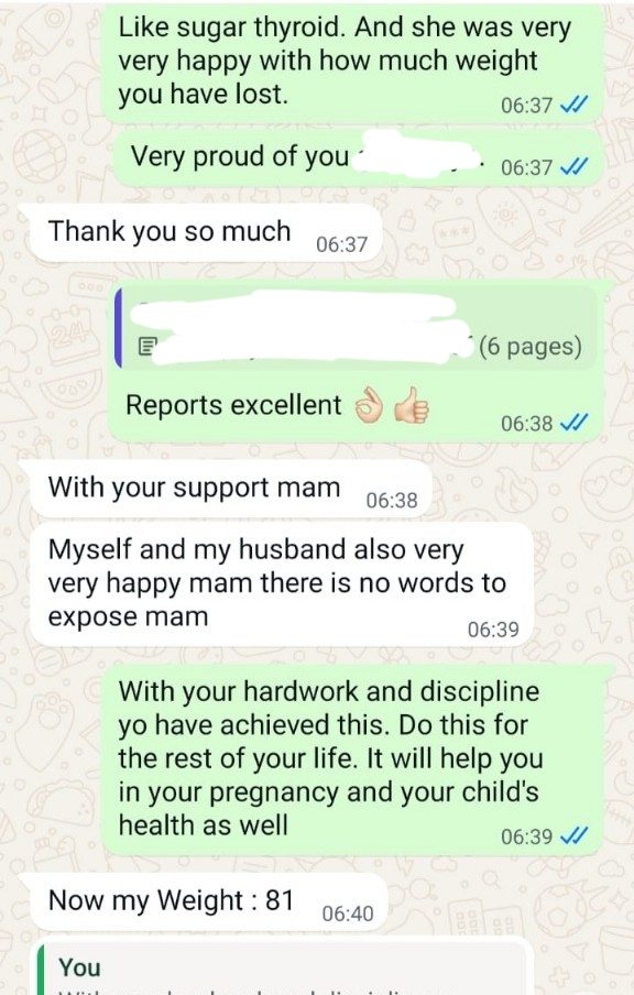 WhatsApp message from Gowri confirming her weight at 81 kg, with Dr. Suganya's congratulations