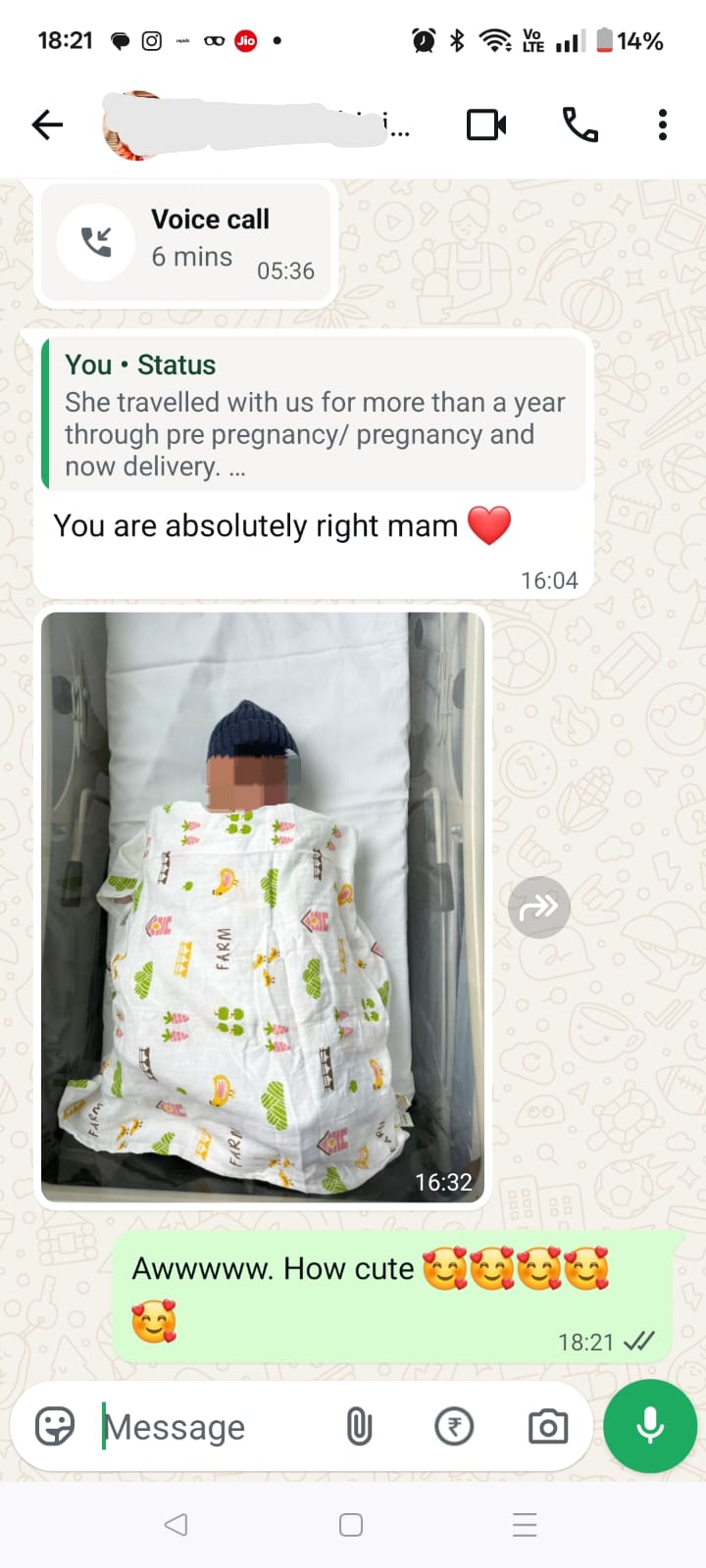 Newborn baby photo shared by Megala. Face blurred for privacy