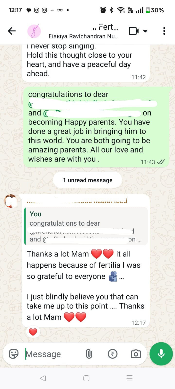 WhatsApp message from Megala to the Fertilia team: "Thanks a lot Mam. It all happens because of Fertilia. I was so grateful to everyone. I just blindly believe you that can take me up to this point. Thanks a lot Mam."
