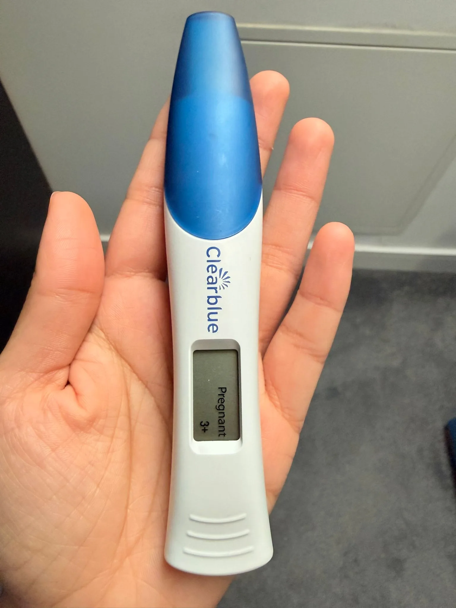 Swapna's Clearblue digital test reading Pregnant 3+ after her frozen embryo transfer