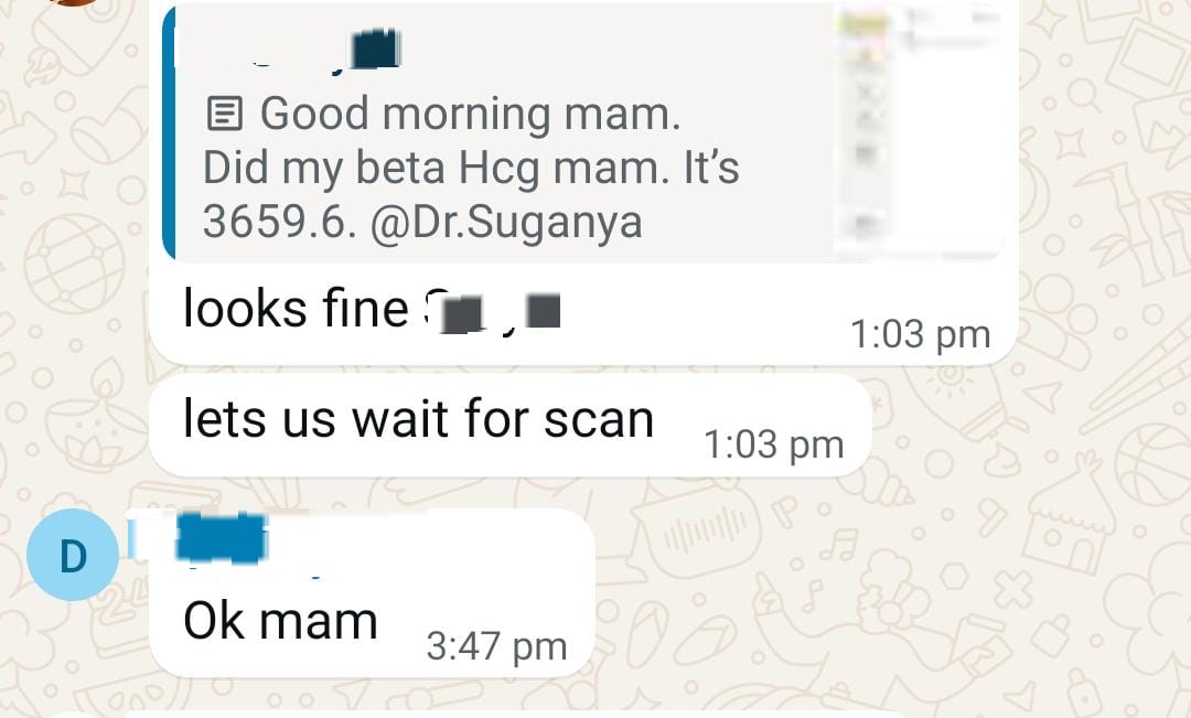 WhatsApp exchange about beta HCG result of 3659.6, with Dr. Suganya confirming it looks fine and advising to wait for the scan