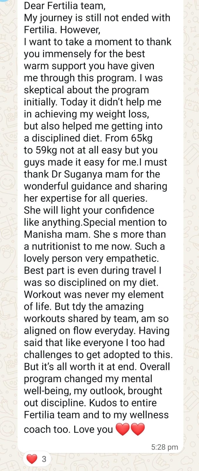 Sruthika's message: a detailed thank-you to the Fertilia team describing how the program changed her mental well-being, outlook, and discipline, from 65 kg to 59 kg