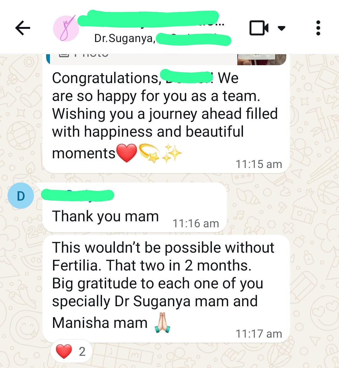 WhatsApp exchange after pregnancy confirmation: team congratulating her, Sruthika responding with This wouldn't be possible without Fertilia, that two in 2 months, big gratitude to each one of you especially Dr. Suganya mam and Manisha mam