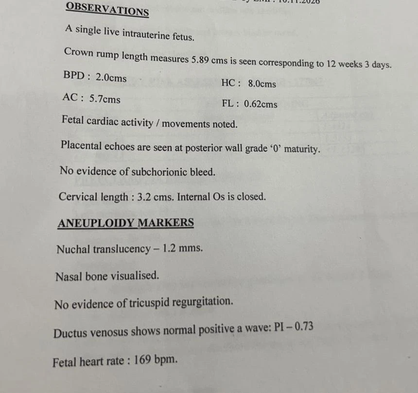 Scan observations showing a single live fetus with normal fetal cardiac activity, closed cervix, and reassuring aneuploidy markers including a nuchal translucency of 1.2 mm