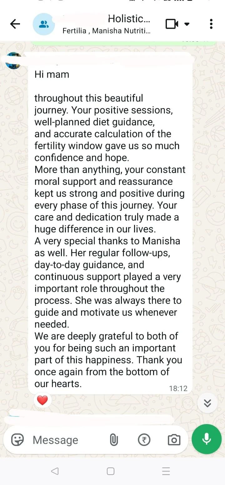 Kavya's WhatsApp message thanking the team for diet guidance, fertility-window tracking, and constant moral support through the journey