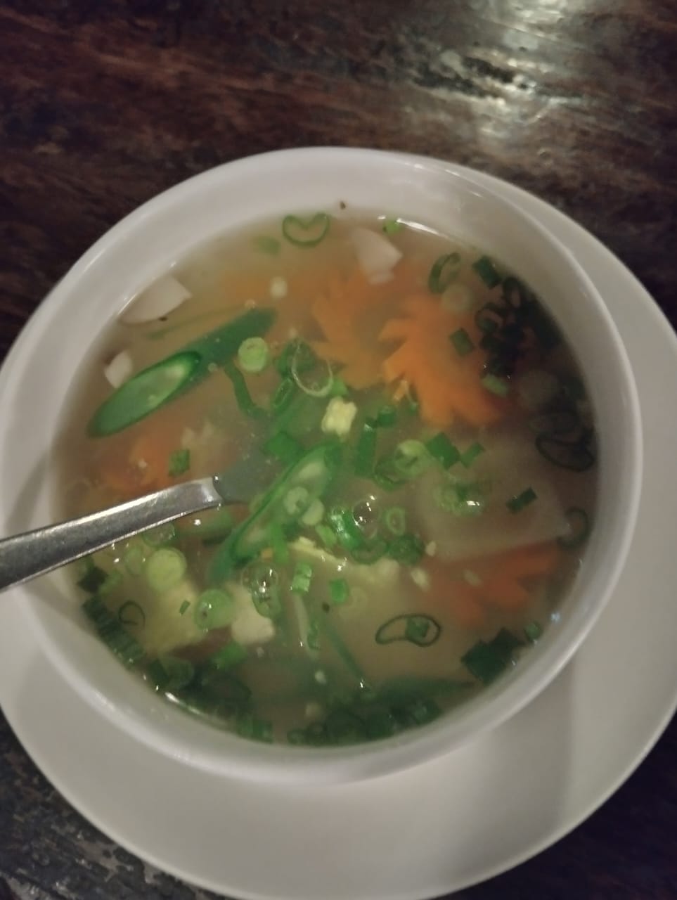 A clear vegetable soup ordered while eating out, one of the smarter outside-food choices the plan suggested