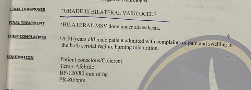 Ganesh's surgical record showing the final diagnosis of grade III bilateral varicocele and bilateral MSV done under anaesthesia