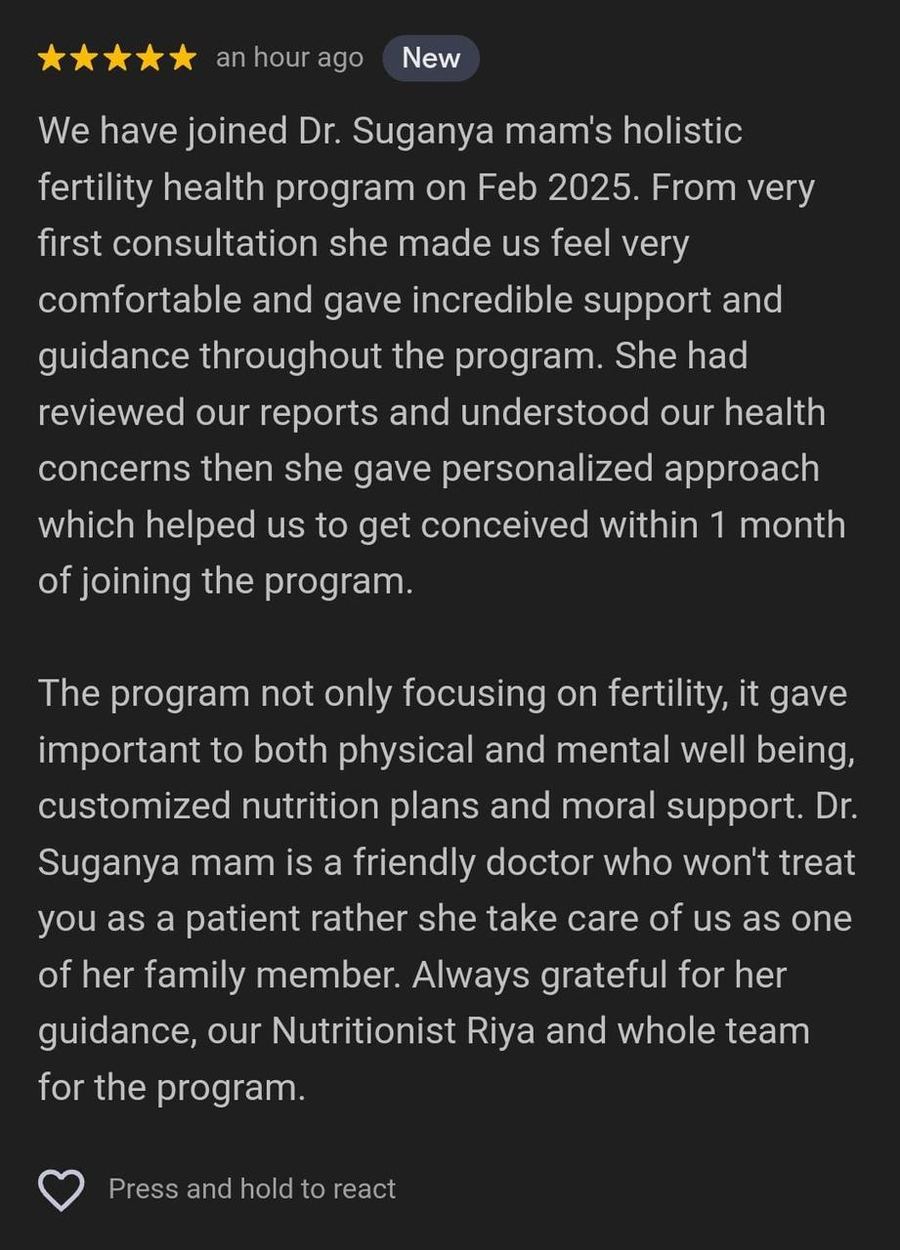 The couple's five-star Google review describing how they conceived within one month of joining the program and thanking Dr. Suganya, their nutritionist and the team