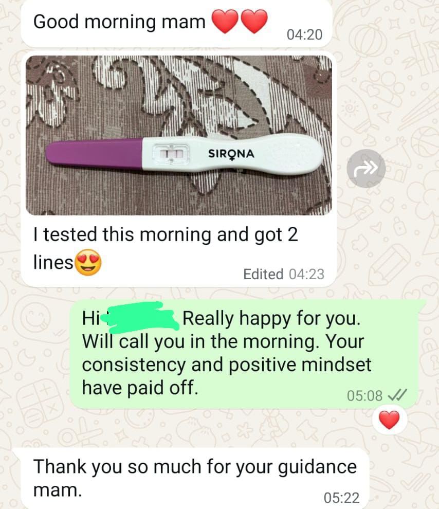 Banu's WhatsApp message at 4:20 AM with a photo of her positive home pregnancy test showing two lines, and Dr. Suganya's reply congratulating her