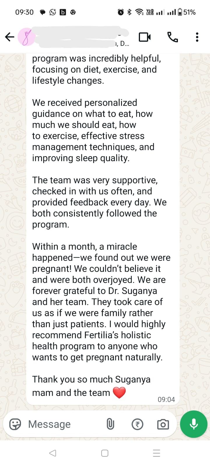 Second part of the couple's WhatsApp testimonial describing the personalised guidance on food, exercise, stress and sleep, and the news of their pregnancy within a month