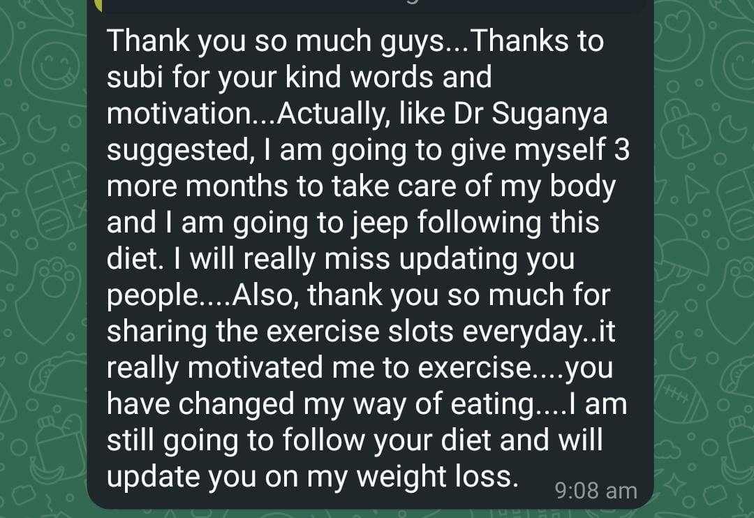 Nisha's end-of-program message: "Thank you so much guys... you have changed my way of eating... I am still going to follow your diet"