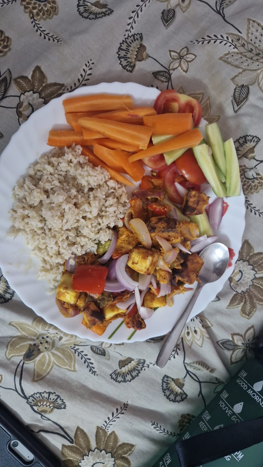 One of Nisha's meal plates during the programme, brown rice with vegetables, paneer, and fresh salad