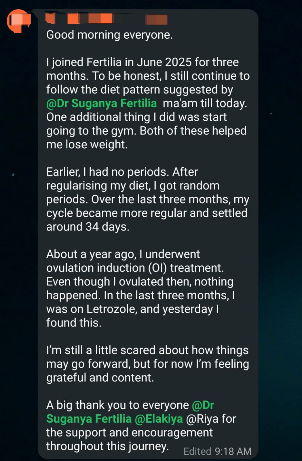 Nisha's full journey update: "I joined Fertilia in June 2025... Earlier I had no periods. After regularising my diet, I got random periods. Over the last three months, my cycle became more regular and settled around 34 days... yesterday I found this."
