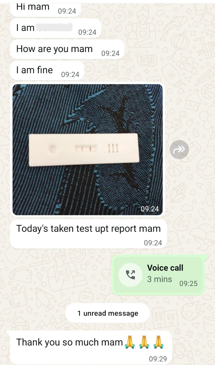 A WhatsApp message sharing a positive home pregnancy test, with a thank-you note