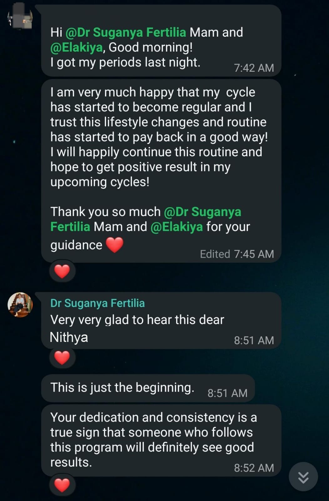Nithya's morning message sharing that she got her period naturally, that her cycle is becoming regular, and thanking Dr. Suganya and the team