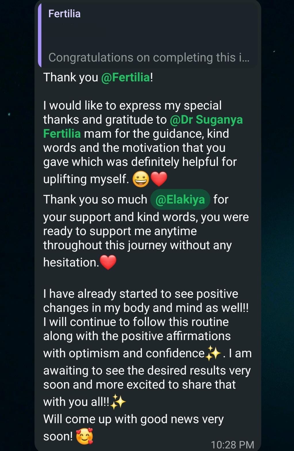 Nithya's thank you message to Dr. Suganya and Elakiya, sharing that she has started to see positive changes in her body and mind and will continue with optimism and confidence