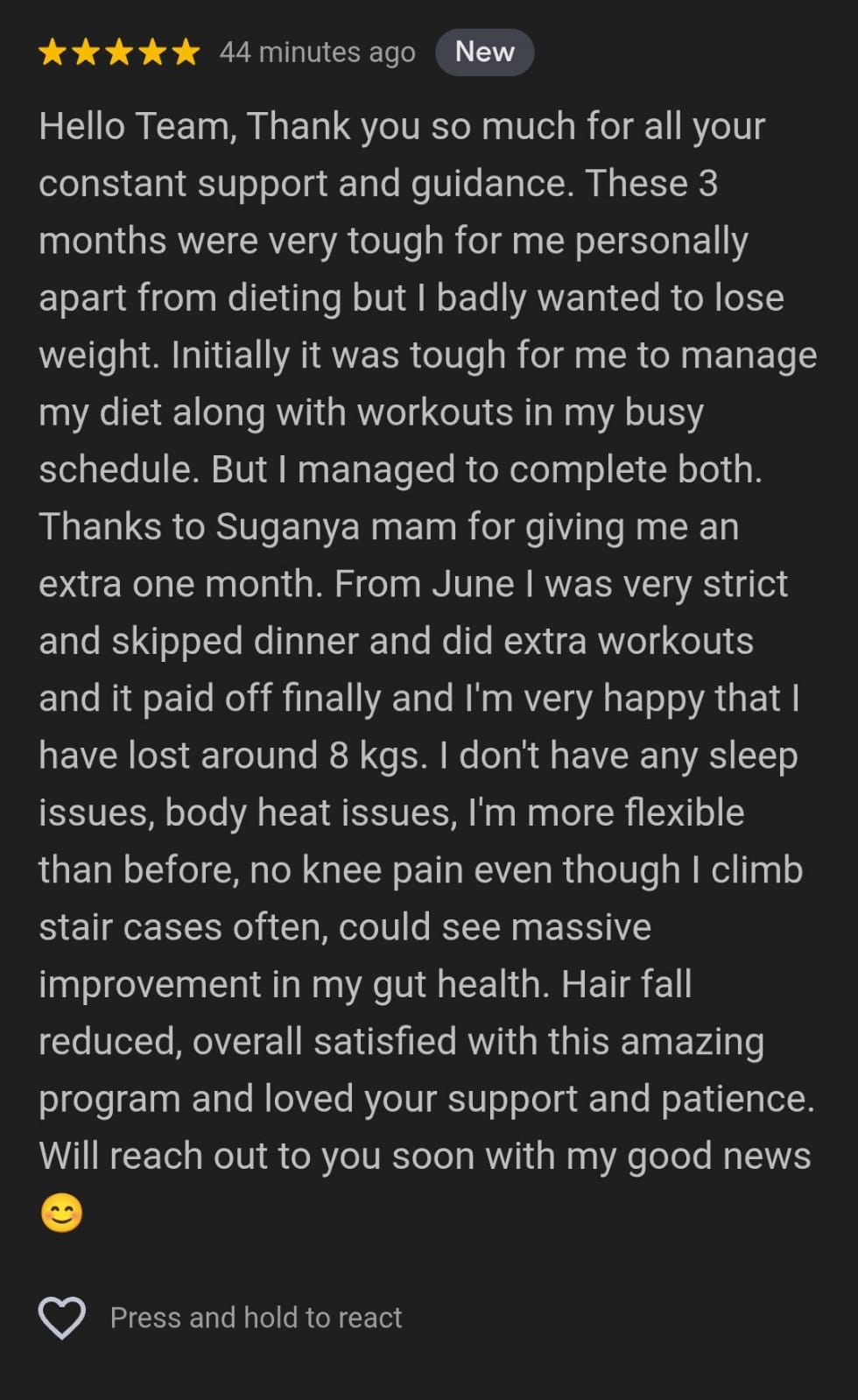 Kalpana's five-star review thanking the team for their constant support, sharing that she completed her diet and workouts, lost around 8 kg, and now has no sleep or body-heat issues, is more flexible with no knee pain, and better gut health