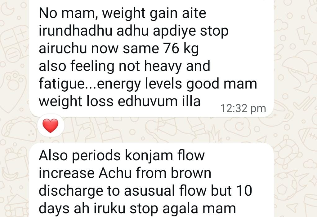 Priya's WhatsApp message: weight stabilised at 76 kg, energy levels good, no more fatigue