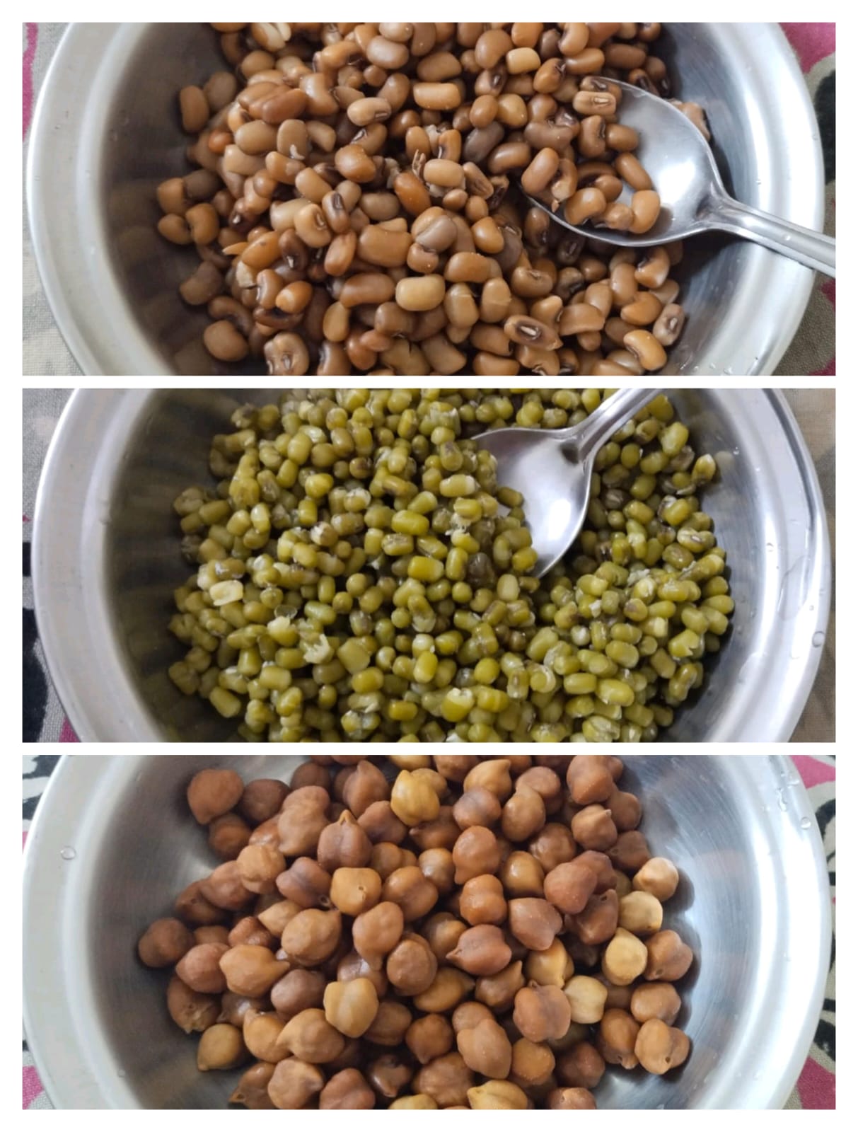 Boiled pulses prepared in the hostel room, a simple, protein-rich backup for days when hostel food wasn't suitable