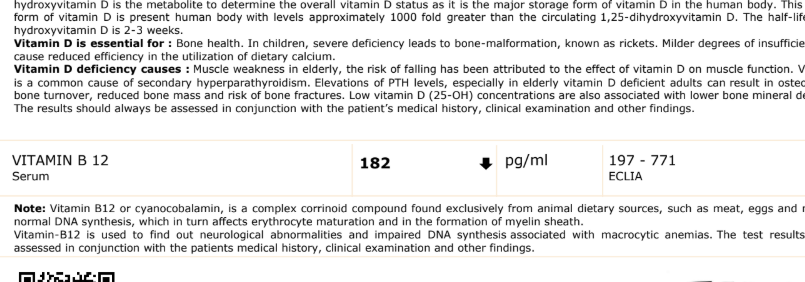 Vitamin B12 lab report showing 182 pg/ml, at the lower end of the reference range of 197–771, indicating insufficiency