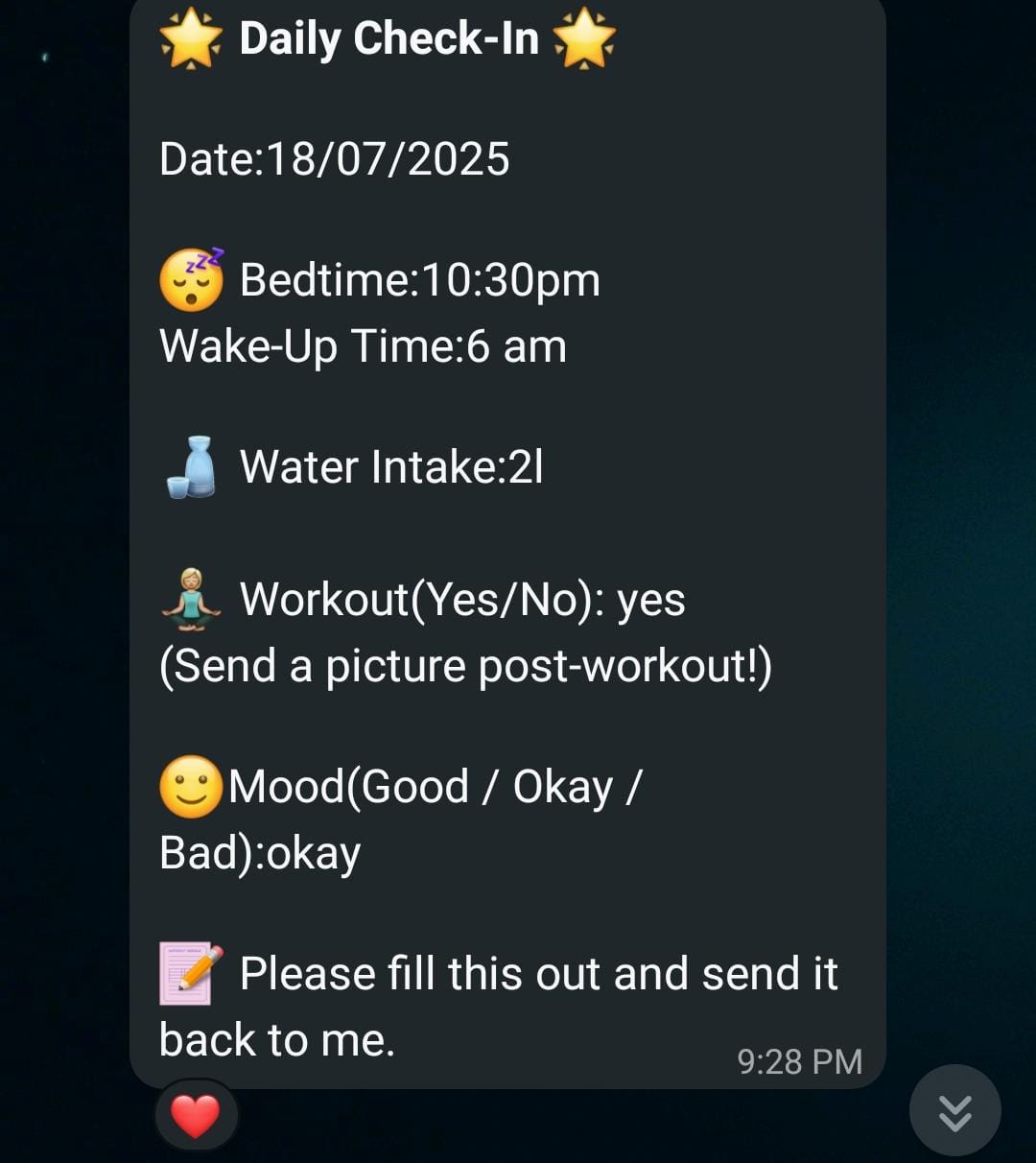 Yamuna's daily check-in showing bedtime at 10:30 PM, wake-up at 6 AM, 2L water intake, workout completed, and mood "okay"