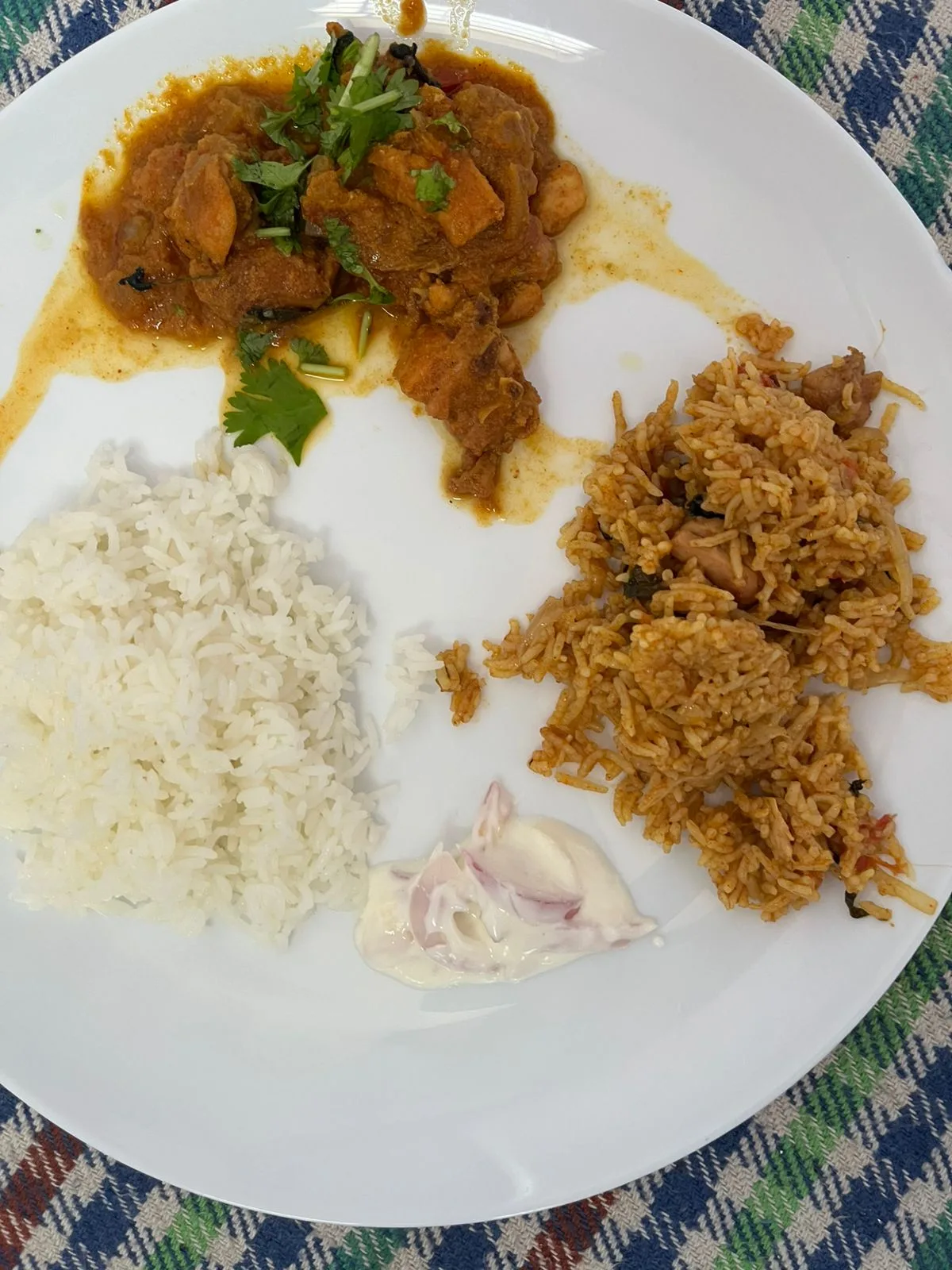 A balanced non-vegetarian plate: rice, biryani, chicken curry, and raita