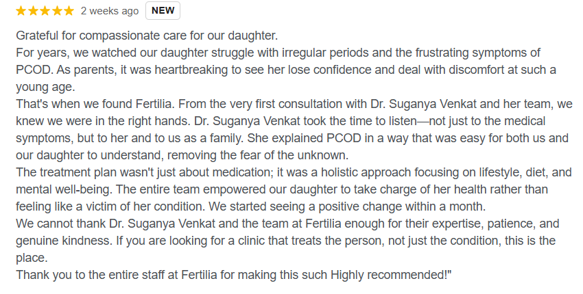 Father's 5-star Google review: "Grateful for compassionate care for our daughter. The treatment plan wasn't just about medication — it was a holistic approach focusing on lifestyle, diet, and mental well-being. The entire team empowered our daughter to take charge of her health rather than feeling like a victim of her condition. We started seeing a positive change within a month."