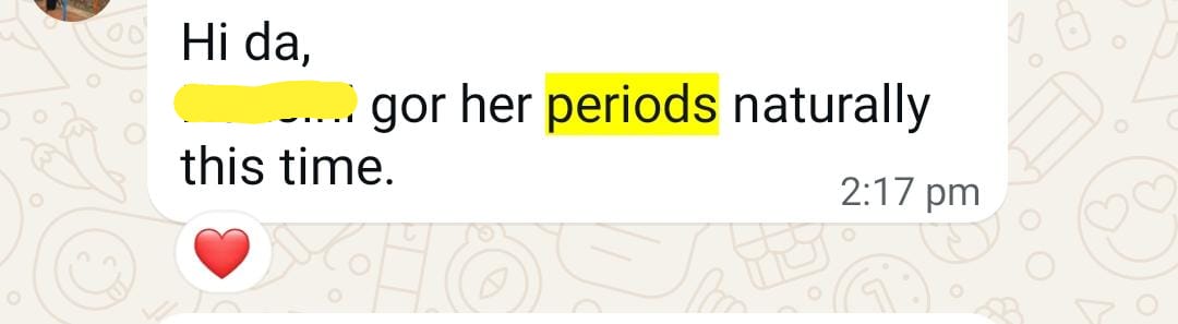 WhatsApp message from Harini's mother: "Harini got her periods naturally this time"