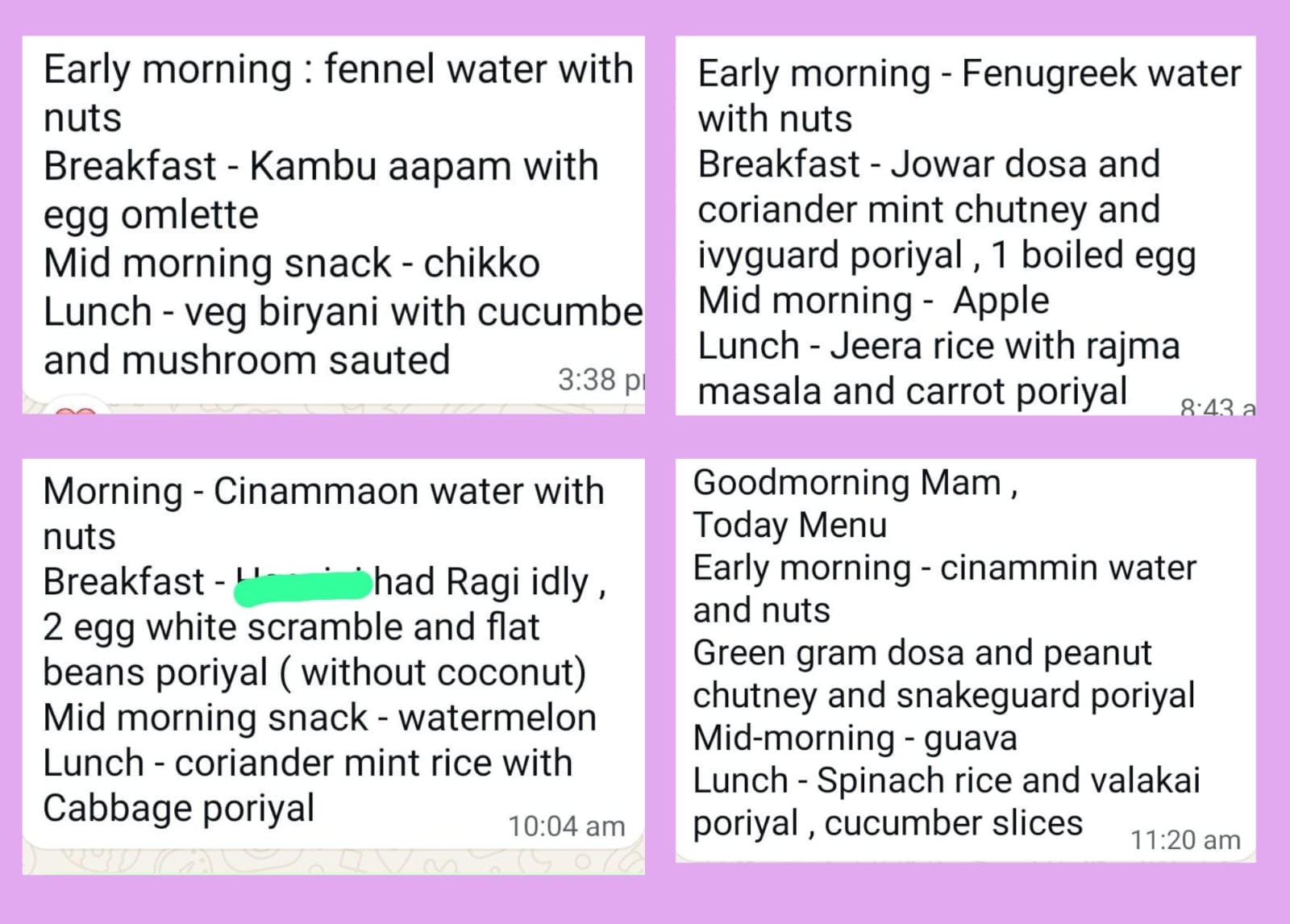 Harini's daily meal updates, ragi idly, jowar dosa, kambu aapam, sent by her mother every morning