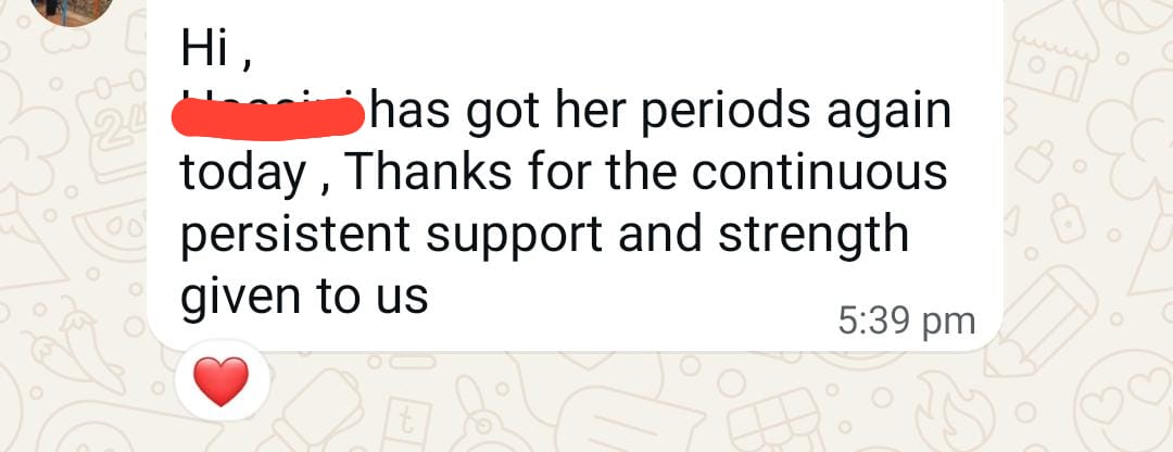 Third consecutive natural period: "Harini has got her periods again today — thanks for the continuous persistent support and strength given to us"