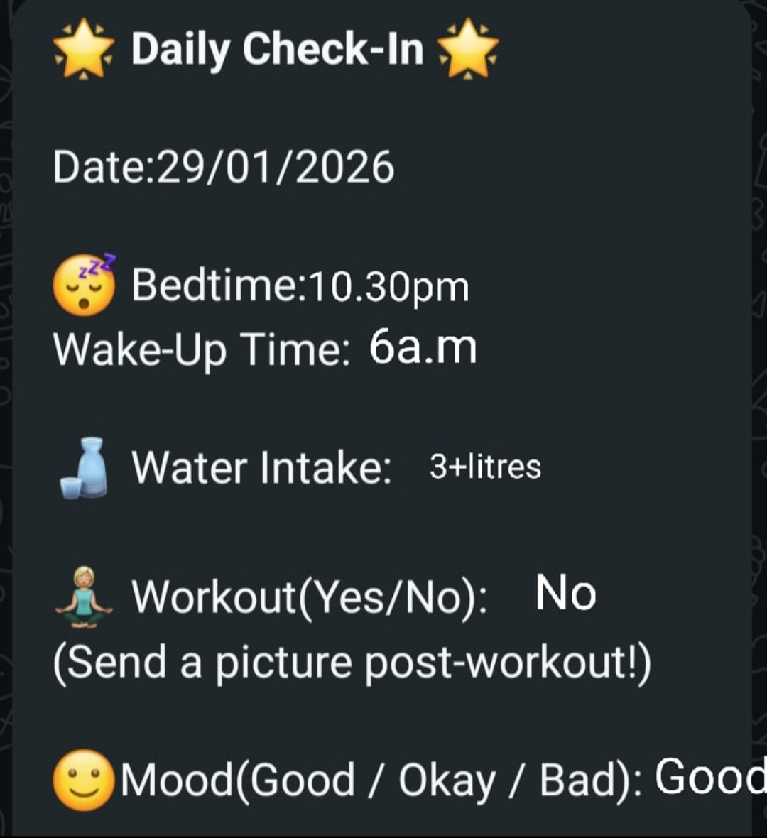 Madhu's daily check-in form showing bedtime, water intake, workout status, and mood