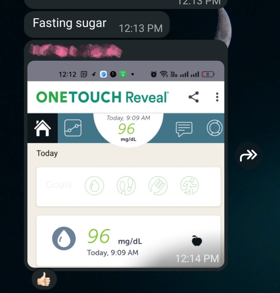 Daily sugar monitoring via the OneTouch Reveal app, shared with the Fertilia team every day