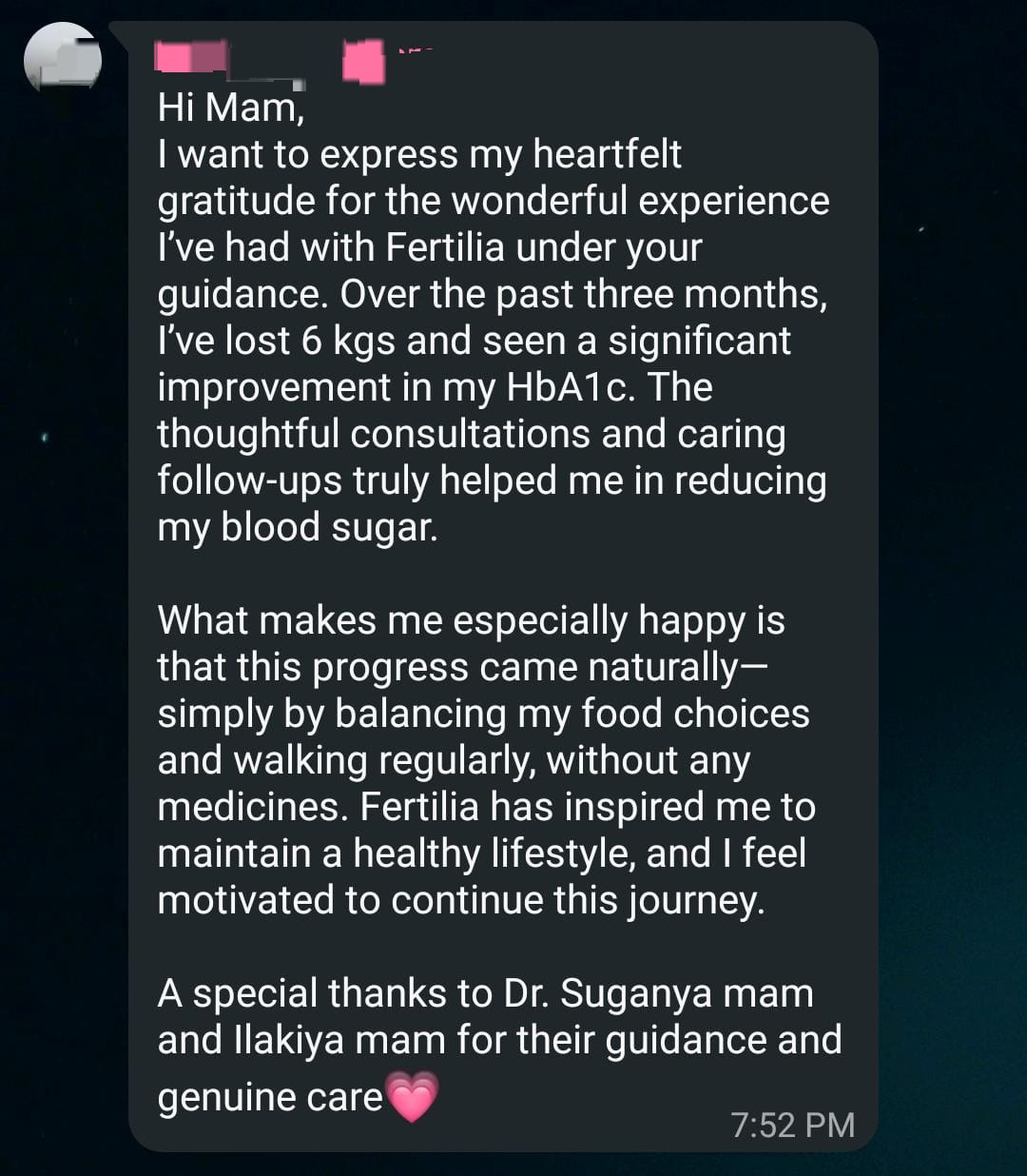 Madhu's testimonial message thanking Dr. Suganya and the Fertilia team