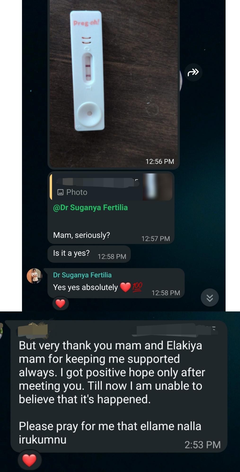 Positive pregnancy test shared on WhatsApp, with messages between the patient and Dr. Suganya confirming the result
