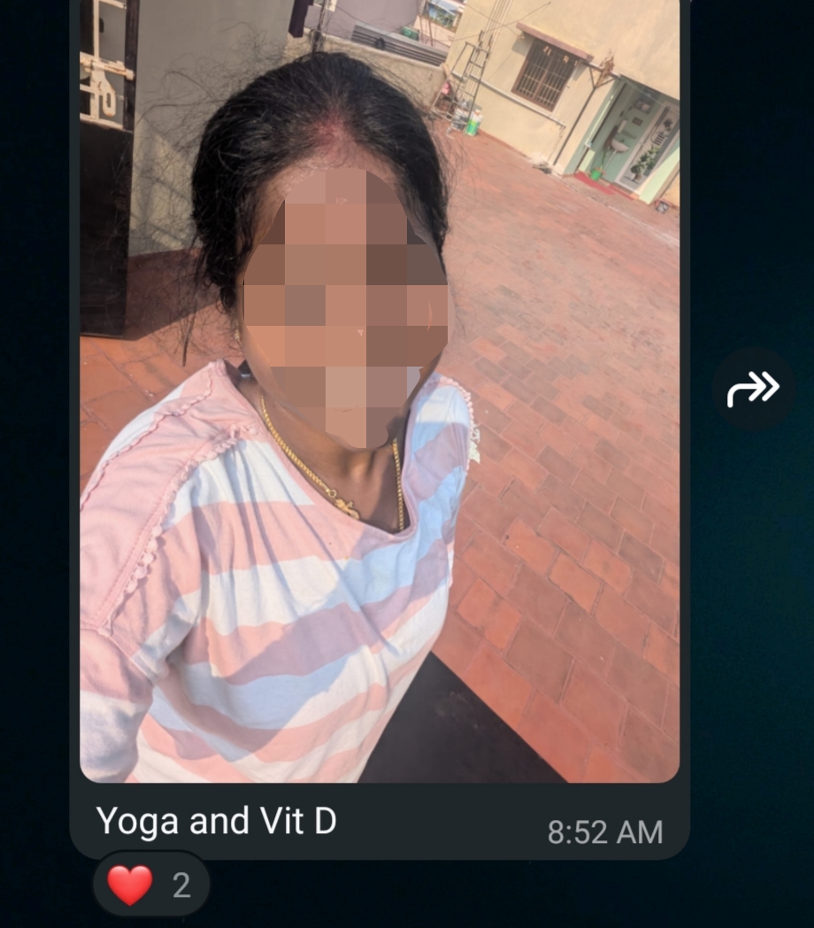 Shalini's WhatsApp update to the team: Yoga and Vit D at 8:52 AM, combining morning movement with sunlight exposure