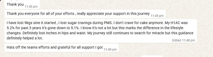 Hema's WhatsApp message thanking the team, describing 9 kg of weight loss, fewer PMS sugar cravings, inch loss around hips and waist, and a small improvement in her HbA1c